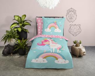 soma Bettwäsche Einhorn Regenbogen Prinzessin hellblau rosa, Baumolle, 2 teilig, Bettbezug Kopfkissenbezug Set kuschelig weich hochwertig