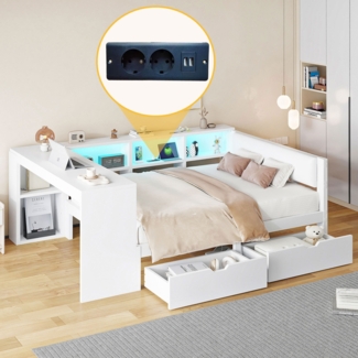 Merax Daybett Doppelbett Tagesbett 140x200cm mit 2 Schubladen, Jugendbett Stauraumbett mit Led und Ladefunktion, Schlafsofa, Weiß