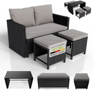 Juskys 2in1 Polyrattan Relax Gartenmöbel Set Jamaika - Tisch, Gartenlounge Sofa - Balkonmöbel Sitzgruppe für Balkon, Garten - Outdoor Lounge schwarz / grau
