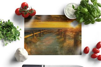 MuchoWow Schneidebrett Sonne - Strand - Düne - Horizont - Gras - Weg - Orange, Glas, Schneidebrett Glas, Küchenbrett, Rutschfest, 28x20 cm