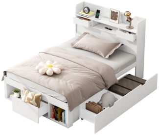 BlingBin Stauraumbett Kinderbett, Jugendbett Mit USB-port, Schubladen und Stauschrank (1er Set, 1-tlg, 90 x 200 cm, Ohne Matratze, Belastbarkeit maximal: 200KG), Multifunktionales Bett, Doppelbett, Großer Stauraum, Weiß