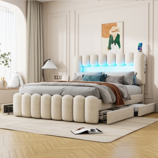 Merax Polsterbett LED Beleuchtung Doppelbett mit 4 Schubladen und USB-Aufladen 160x200cm, Samt, Beige