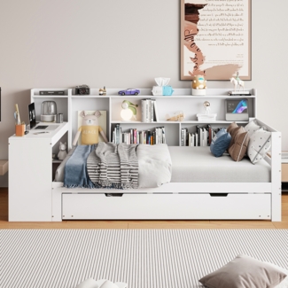 Multifunktionales Schlafsofa Weiß 90x200 Mit Ausziehbett USB Steckdose Stauraum Massivkiefer 120kg Tragkraft Gästebett Arbeitsbereich