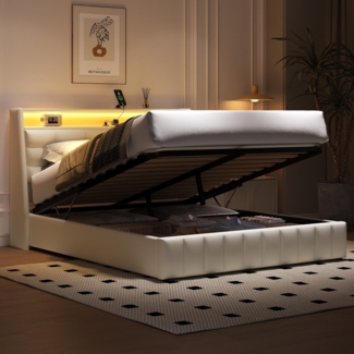 Polsterbett mit LED-Streifen, Stauraum, USB, Lattenrost und gepolstertem Kopfteil, 160x200 cm, Doppelbett, Stauraumbett, Kunstleder