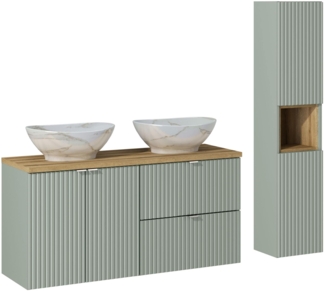 LINE REED GREEN Badmöbel-Set 120 cm mit einer Waschtischplatte, 2 Pati-Aufsatzwaschbecken und einem Hochschrank (40x120cm), Reed Grün,Eichenküste Evoke
