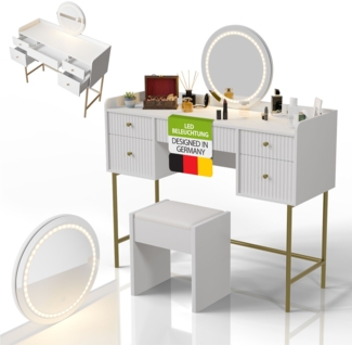 Juskys Schminktisch Samira & Hocker Melly mit Touch-LED-Spiegel, 5 Schubladen, viel Stauraum & elegantes Design für Schlafzimmer & Make-up – Weiß/Gold