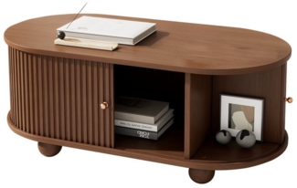 MODFU Couchtisch ovaler Couchtisch – minimalistisches Design (Satztisch, Wohnzimmertisch Beistelltisch, 1-St, 2 Schiebetür), ovale Form, Vertikale gestreifte Schranktüren