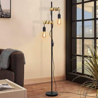 ZMH Stehlampe Wohnzimmer Vintage Stehleuchte Holz - Schwarz Industrial Standleuchte mit E27 2 Flammige Schwenkbar 180° Standlampe mit Schalter für Schlafzimmer Büro Arbeitzimmer - Ohne Leuchtmittel