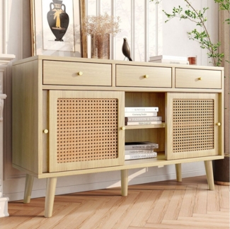 Celya Sideboard Kommode mit 3 Schubladen und 3 Schiebetüren, Rattangeflecht auf den Türfronten