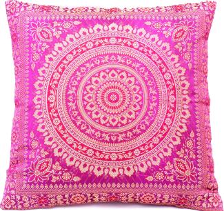 Handgewebter indischer Banarasi Seide Deko-Kissenbezug mit Extravaganten Mandala Design in Rosa - 40 cm x 40 cm