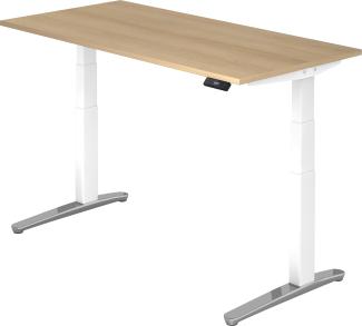 bümö® Sitz- & Stehschreibtisch Serie-XBHM elektrisch höhenverstellbar mit Memoryfunktion, Tischplatte 160 x 80 cm in Eiche, Gestell in weiß / aluminium poliert