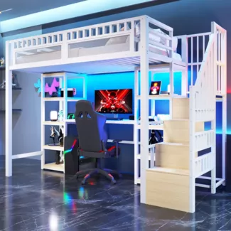 Hochbett mit RGB LED-Streifen, Schreibtisch, Lattenrost, Treppe und Regal, Kinderbett mit Rausfallschutz, Metallbett, 90x200cm