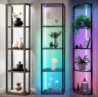 XERSEK Stehlampe Dimmbar LED Stehleuchte Bücherregal Regal aus Holz App Fernbedienung, 5 Ebenen Eckregal, 162*30cm, RGB, Warm- / Weißes