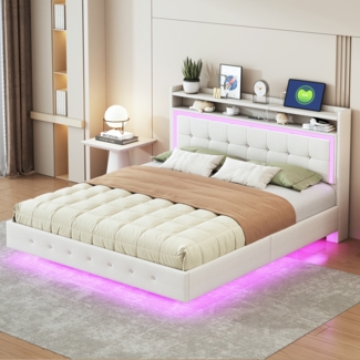 Polsterbett, mit USB-Steckdose und LED-Licht, Bett kann am Kopfende des Bettes platziert werden, verstecktes Fußdesign, Doppelflachbett, Leinenstoff, beige, 160 x 200