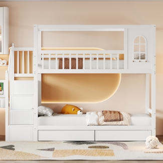 Merax Kinderbett Etagenbett 90x200cm mit Fenster, 2 Schubladen und Stauraumtreppe, weiß