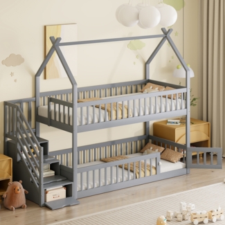 Merax Kinderbett 90x200cm Etagenbett Massivholzbett mit Dach, Sicherheitstreppe und Stauraumschubladen, Grau