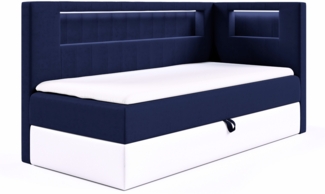MEBLINI Kinderbett mit Bettkasten GARETH 3 100x200 Rechts – H3/Blau Samt Gepolstert Einzelbett mit Matratze - Polsterbett mit Stauraum - Bett mit Kopfteil – Stauraumbett