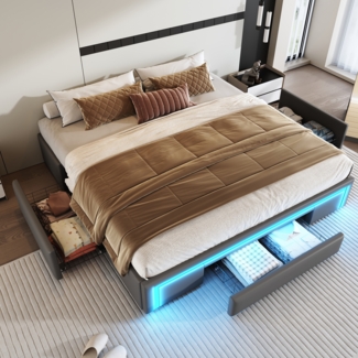 Merax Polsterbett 180x200cm ohne Kopfteil, Doppelbett Jugendbett mit Schubladen und Led, Stauraumbett, Grau