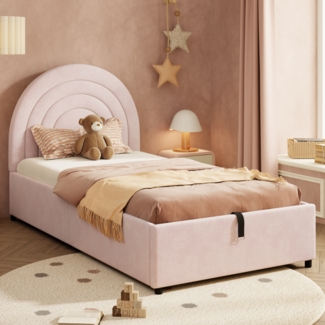 Merax Polsterbett 90*200, Kinderbett,Einzelbett, Jugendbett mit Lattenrost und Kopfteil, für Erwachsene und Jugendliche geeignet, Holzlatten, einfache Montage, Samt, Rosa
