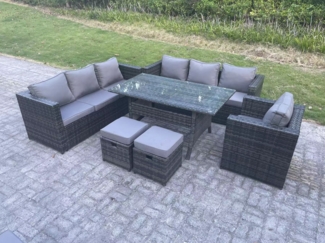 Fimous Outdoor Gartenmöbel Set Rattan Rechteckiger Esstisch Terrassen Sessel mit 2 Kleiner Hocker 9 Sitzer Dunkelgrau gemischt