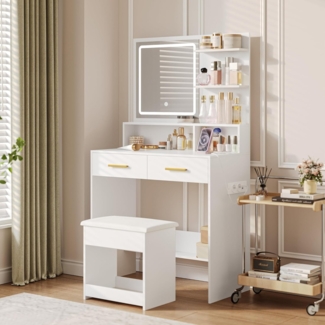 Schminktisch mit Einstellbarer LED-Beleuchtung 2 AC-Steckdose und 2 USB-Anschluss, Weichem Ankleidehocker, 2 Schubladen, offene Ablagen, fr Schlafzimmer, Ankleidezimmer, wei?