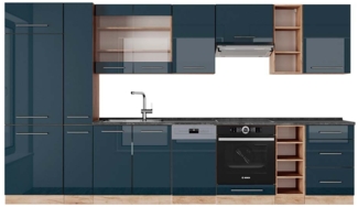 Vicco Küchenzeile Dunkelblau Hochglanz/Goldkraft Eiche 355 cm , AP Anthrazit, Fame-Line