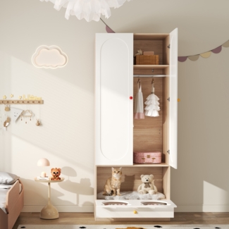 Merax 200cm Kinderkleiderschrank mit Bügelstange, mit Katzenbett, Lackierte Platten + Spanplatte, bunte Keramikgriffen, Weiß + Naturholzfarbe