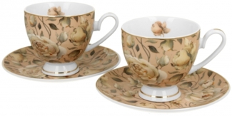 DUO GOLDEN LINE 2er Set Tassen mit Untertassen 220 ml ENGLISH ROSES CREAM, New Bone China Porzellan