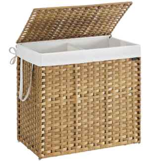 SONGMICS Wäschekorb 2 Fächern, Wäschesammler 160 L, Wäschebox aus synthetischem Rattan, mit Deckel und Griffen, geflochten, faltbar, herausnehmbarer Wäschesack, naturfarben LCBDE216Y01