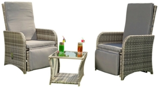 Melko Sitzgruppe Sitzgarnitur Grau Polyrattan Balkonset Essgarnitur Gartenmöbel Set, (elegantes Set im Lounge-Design, 3-tlg, inkl. Auflagen für mehr Komfort), 3-teiliges Rattanmöbel Set mit verstellbarer Rücken- & Fußlehne