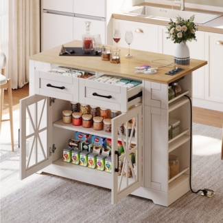 HAUSS SPOLE Küchenwagen mit klappbarem arbeitsplatte kücheninsel auf rollen,USB Küchenschränke, (120 cm Multifunktionale Kücheninsel mit Klapptisch, Integrierter Stromversorgung (2xAC, 2xUSB), Verstellbare Regale & Design-Rollen), mit klappbarem Esstisch