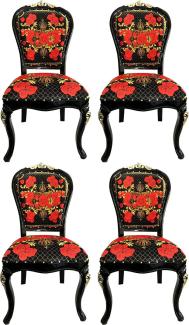 Pompöös by Casa Padrino Luxus Barock Esszimmerstühle Roses Schwarz / Rot / Gold - Esszimmer Set - 4 Pompööse Barock Stühle designed by Harald Glööckler