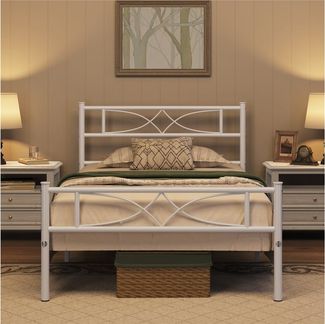 Yaheetech Metallbett Bettgestell, Bettrahmen mit Kopfteil Gästebett mit Lattenrost für Schlafzimmer, Metall Weiß, 90 x 200 cm