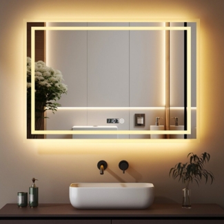 WDWRITTI Spiegel Badspiegel Led 80x60 mit Uhr Wandspiegel mit beleuchtung 3Lichtfarben (LED Spiegel Lichtspiegel, mit Touch, Wandschalter, Dimmbar, Speicherfunktion), Energiesparend, IP44