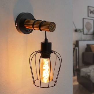 ZMH Wandleuchte innen Holz Wandlampe Vintage Retro mit Schalter Industrial Design E27 Wandstrahler Schwarz mit 1 Flammig aus Metall Wandspot fr Schlafzimmer Wohnzimmer Flur Cafe - Ohne Leuchtmittel