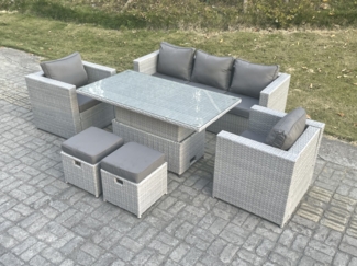 Fimous Polyrattan Essgruppe Gartenmöbel Set Höhe verstellbar Esstisch Set mit Sofa Sessel 2 kleiner Fußhocker Helles Grau