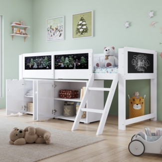 Kinderhochbett Weiß mit Schrank & Kreidetafel Hochbett mit Rutsche & Treppe Alternative 90x200 cm