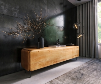 Lowboard Shavani 200 cm Akazie Natur 4 Türen Fuß Oval Metall Schwarz