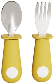 ABC 4-teiliges gelbes Baby-Silikon-Löffelset, Kinder-Gabel und -Löffel aus Edelstahl 316 mit kurzem Griff, Baby-Essgeschirr
