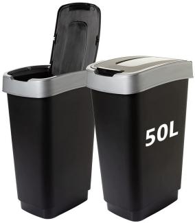 SUSTANIA Mülleimer Duo Mülleimer Küche 2x 50 L Abfalleimer mit Schwingdeckel, Robust Recycelbarer Kunststoff, Schwarz/Silber