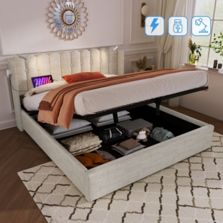 Polsterbett mit Leselampe,USB-Ladefunktion,Stauraum,natürlich Samt,160x200 cm