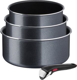 Tefal Topf-Set Ingenio XL Force, Topfset abnehmbarer Griff, nicht induktionsgeeignet, Aluminium (Set, 4-tlg, 3x Stielkasserollen Ø 16/18/20 cm, 1x abnehmbarer Griff), stapelbar, platzsparend, Topfset mit Antihaftversiegelung, L15890