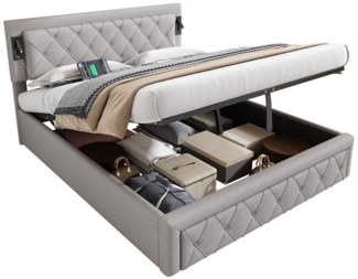 Ulife Boxspringbett Polsterbett mit USB-Schnittstelle und Schlafzimmerleuchte (1-St, Ohne Matratze), mit Lattenrost und Rautenstreifen-Kopfteil 160*200cm grau