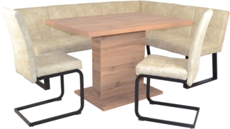 Trendige Eckbankgruppe Schenkel 190x150 cm, Säulentisch fix, Stoffbezug Vintage creme
