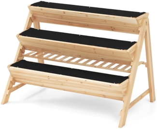 3 stufiges Hochbeet Holz Pflanzenbeet mit Ablage 2 Haken & 3 Pflanzfolien Natur