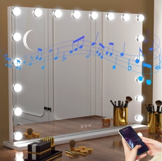 OULENBIYAR Schminkspiegel Hollywood Schminkspiegel, Spiegel mit Licht Beleuchteter, Einstellbare (1-St, 15/18 Dimmbare LED, 3 Beleuchtungsmodi, Touchscreen & Abnehmbare Lupe), Schminkspiegel mit Bluetooth-Lautsprecher für Wohnzimmer, Schlafzimmer