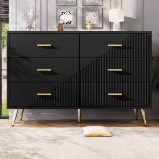 Schwarzes Sideboard 120×40×75 cm, MDF Aufbewahrungsschrank mit 6 Schubladen, 3D-Schranktüren, Kippschutz inklusive, elegan