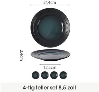 JIWOO Teller 4er Ø21,4cm, Salatteller Frühstücksteller Pastateller Dessertteller, (4 St), Keramik Hochwertiges Tellerset Schwarz Mikrowellen spülmaschinenfest