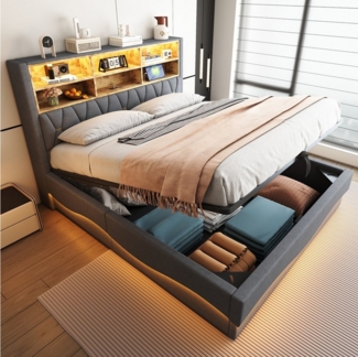 Merax Polsterbett (Doppelbett Jugendbett mit Metall-Lattenrost, 1-tlg), Hydraulisches Stauraumbett 180x200 cm mit LED, USB und Ablagefächern