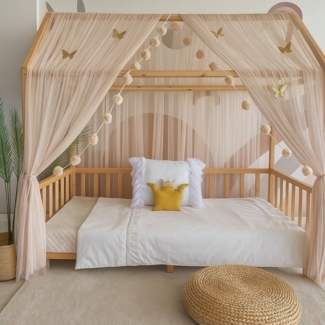 Baby Fancyroom Betthimmel Betthimmel Tüll Hausbett Kinderbett 2 Stück 340cm 380cm Montessori (3-tlg. Set mit 2x Betthimmel und einer 20er Pomponkette, Baldachin, Kinder Betthimmel Baldachin Himmel Deko Set), Betthimmel für Hausbett Montessori